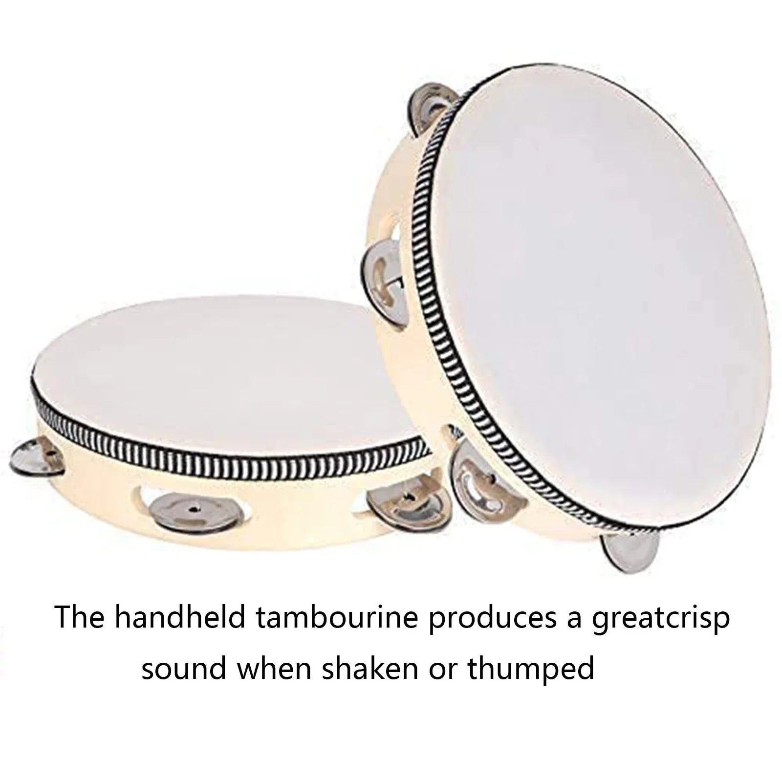Cream-colored 8/10-inch hand-cranked tambourine with white drumhead and metal bells percussion instrument ideal for wedding party games