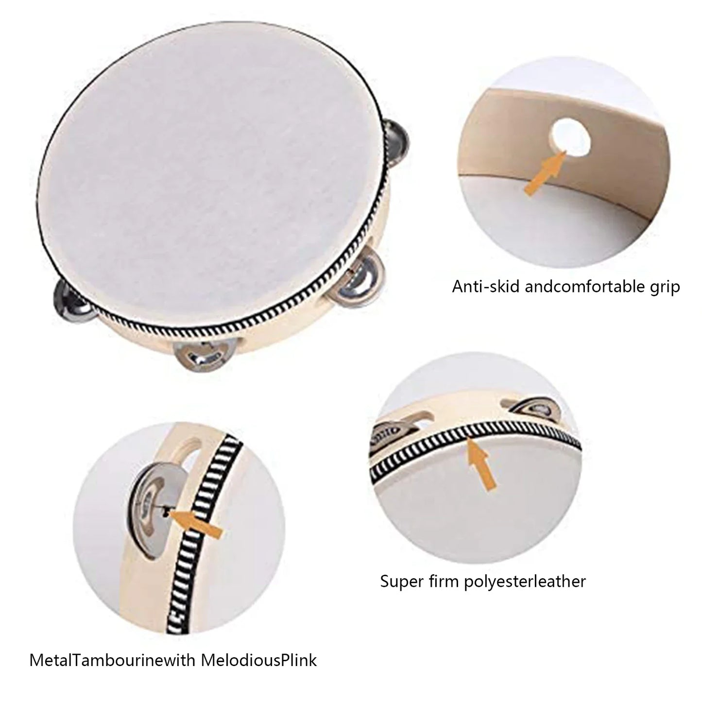 Cream-colored 8/10-inch hand-cranked tambourine with metal bells and white drumhead ideal for wedding party games and percussion instrument use