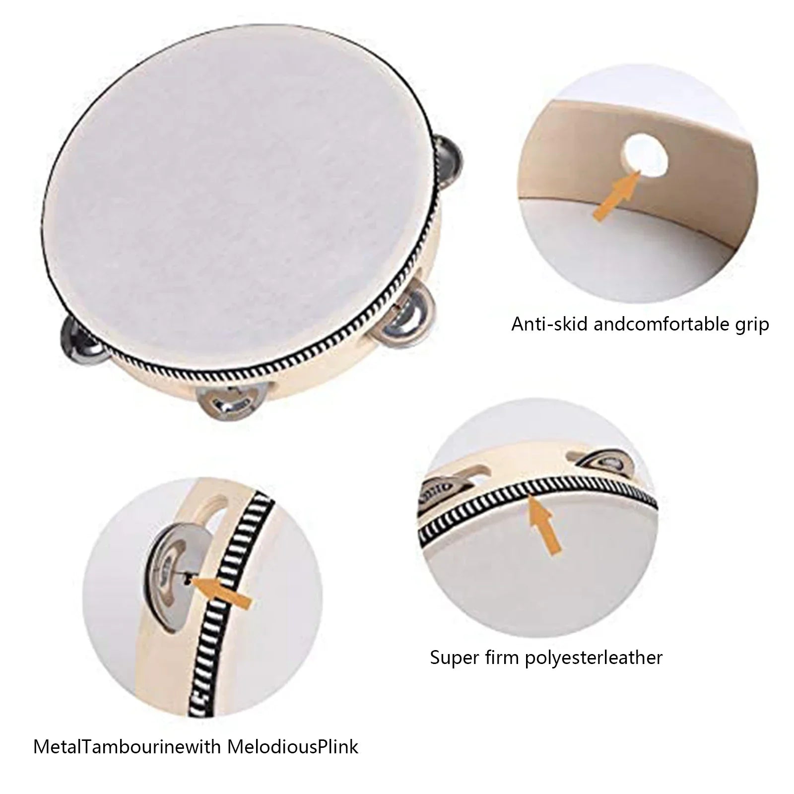 Cream-colored 8/10-inch hand-cranked tambourine with metal bells and white drumhead ideal for wedding party games and percussion instrument use
