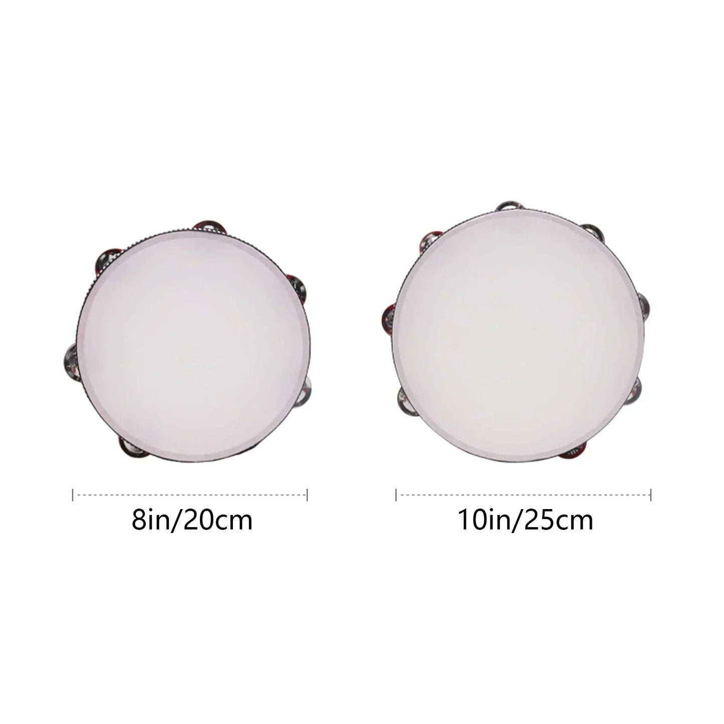 Two white hand-cranked tambourines with metal bells 8 and 10 inches ideal percussion instrument for wedding party games