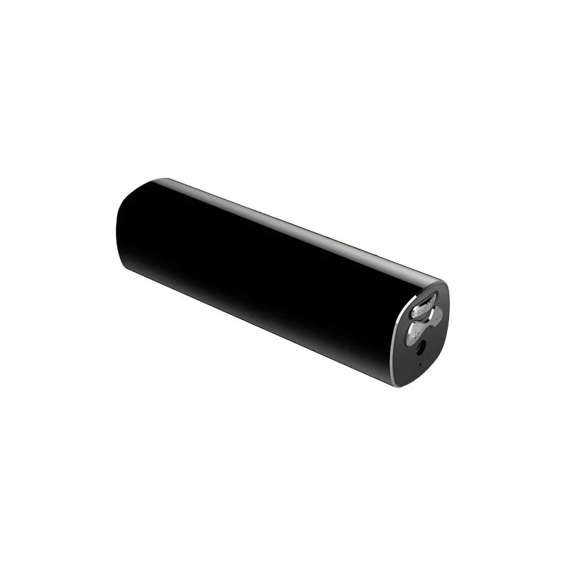 Black cylindrical portable charger with sleek glossy finish and silver accent suitable for hours dictaphone audio and digital micro flash use