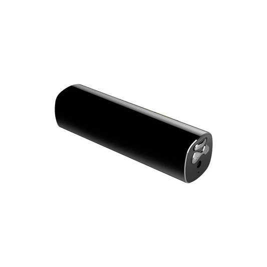 Black cylindrical portable charger with sleek glossy finish and silver accent suitable for hours dictaphone audio and digital micro flash use