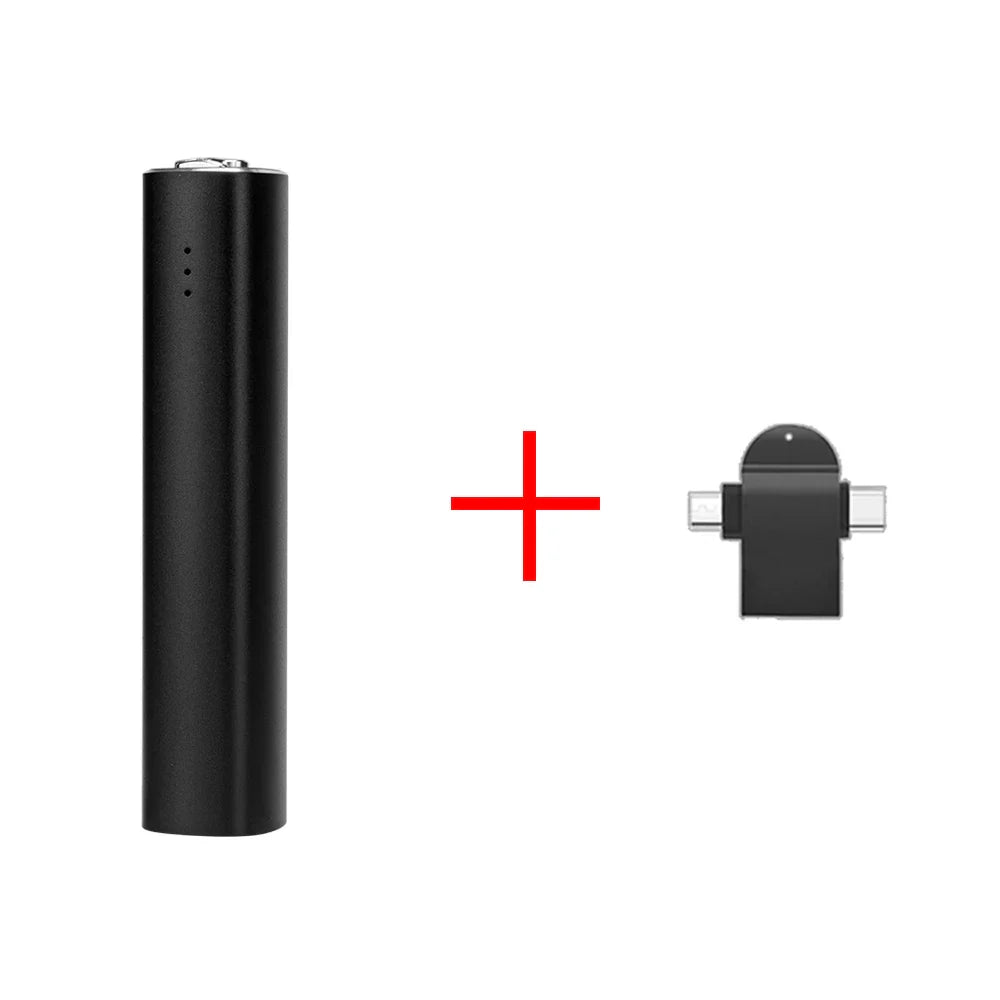 Black cylindrical portable charger with three indicator lights for hours dictaphone audio and mini recording activated use