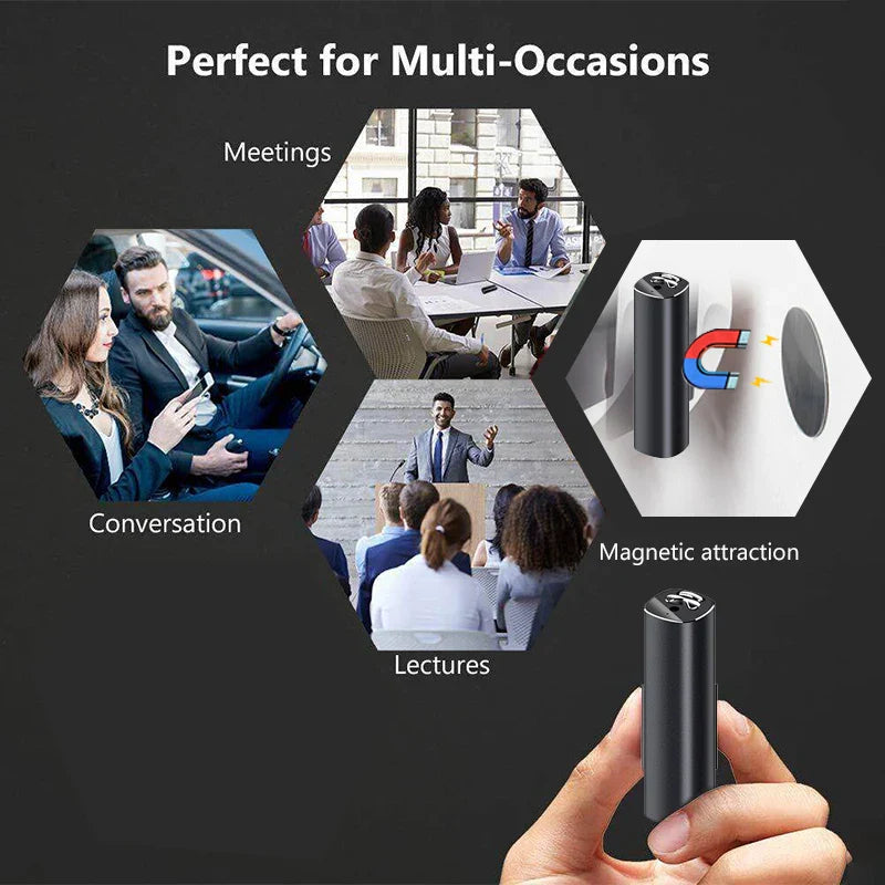 Black cylindrical wireless lavalier microphone with magnetic attachment for mini recording activated hours dictaphone audio use