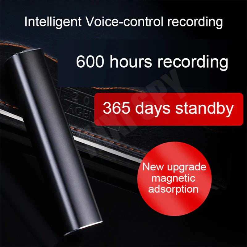 Black cylindrical voice recorder with sleek metallic finish and magnetic adsorption for mini recording activated hours dictaphone audio