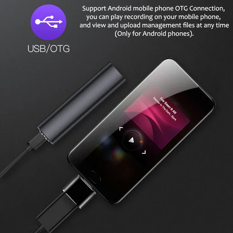 Black usb otg adapter connected to a digital micro flash portable music player with hours dictaphone audio and mini recording activated features