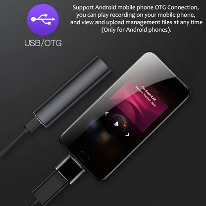 Black usb otg adapter connected to a digital micro flash portable music player with hours dictaphone audio and mini recording activated features