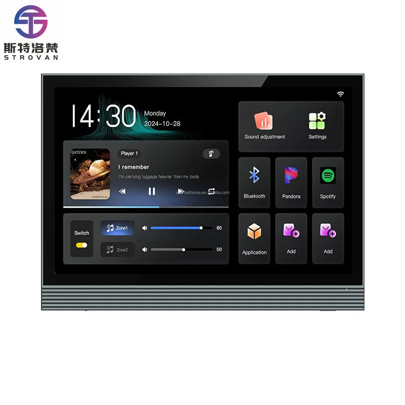 Black touchscreen car infotainment system with silver trim for 8 channel background music host audio amplifier smart home use