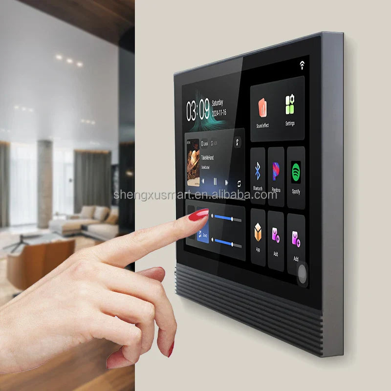 Black touchscreen 8 channel 7 inch host audio amplifier with metallic frame for amplifier smart home background music host