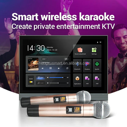 Two rose gold wireless karaoke microphones with silver mesh grilles in front of a black touchscreen background music host amplifier smart home system