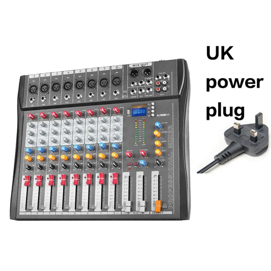 Black 8 channel high quality audio mixer with colorful knobs and USB function for home DJ recording and stage performance audio
