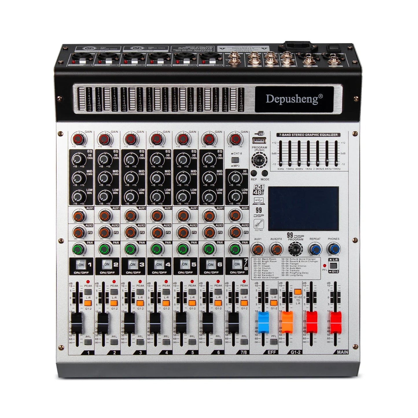 Black and silver depusheng ag8 professional 24-channel audio mixer with digital display, knobs, sliders, and usb stick support