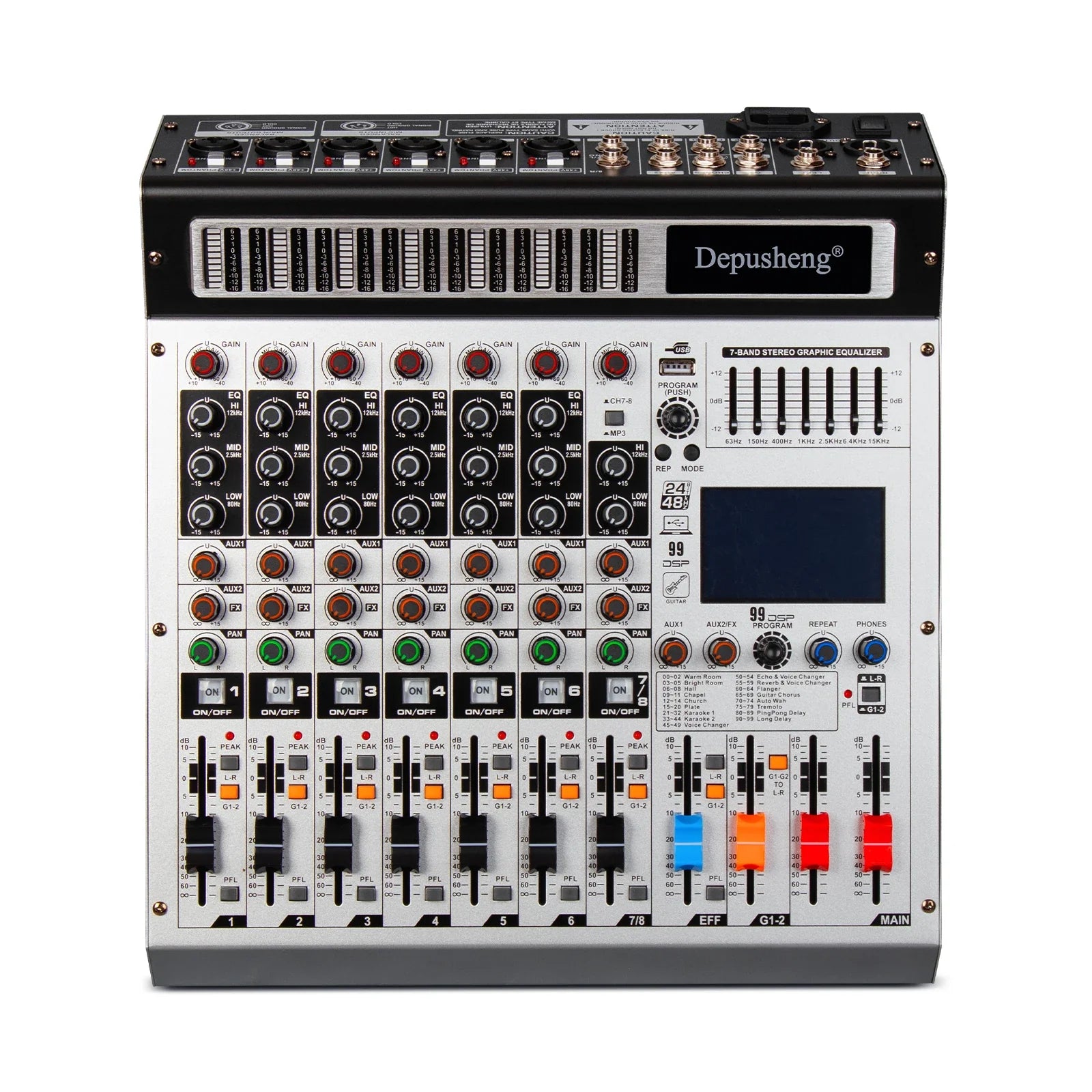 Black and silver depusheng ag8 professional 24-channel audio mixer with digital display, knobs, sliders, and usb stick support