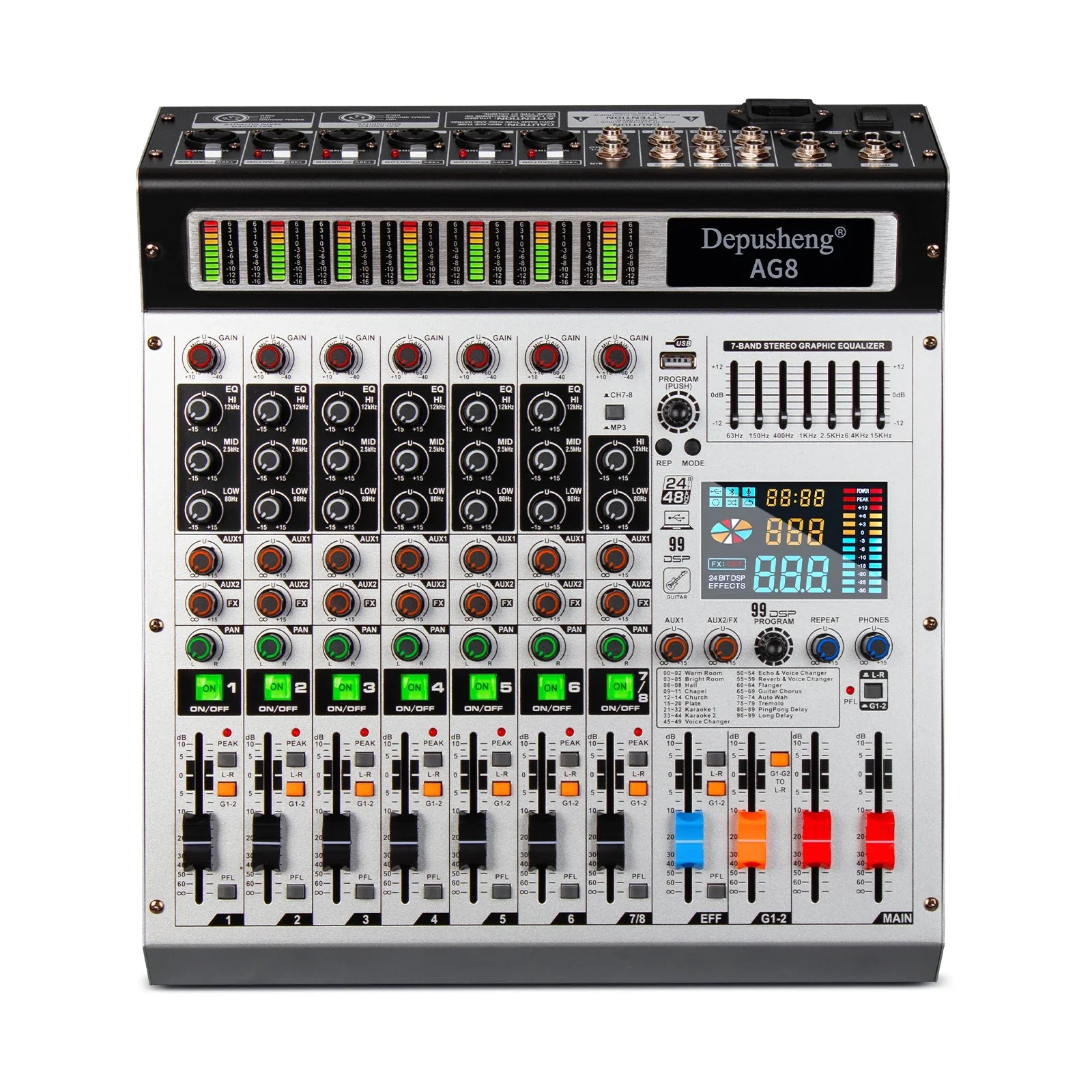 Black and silver depusheng ag8 professional 8 channel audio mixer with multiple knobs sliders led displays for audio stage use
