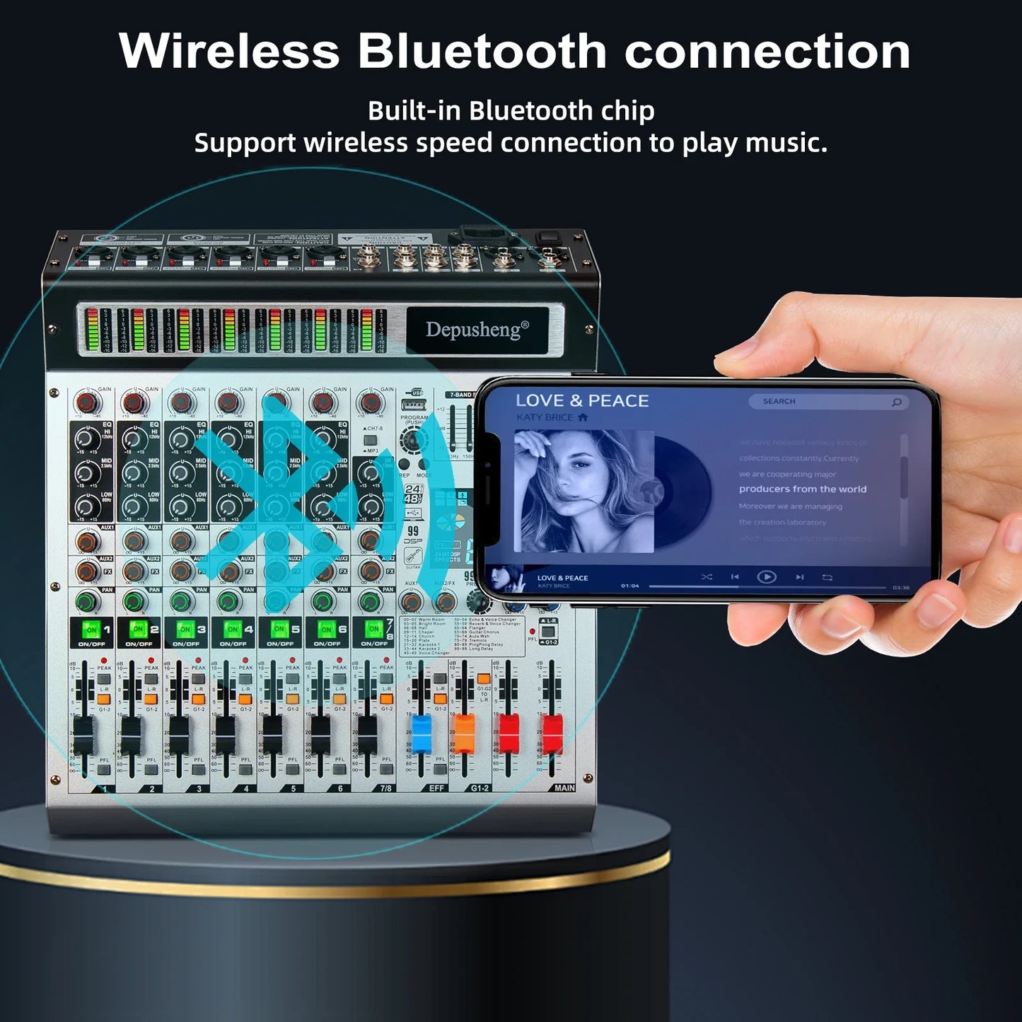 Black and silver depusheng ag8 professional 8 channel wireless bluetooth audio mixer with colorful knobs and usb stick slot