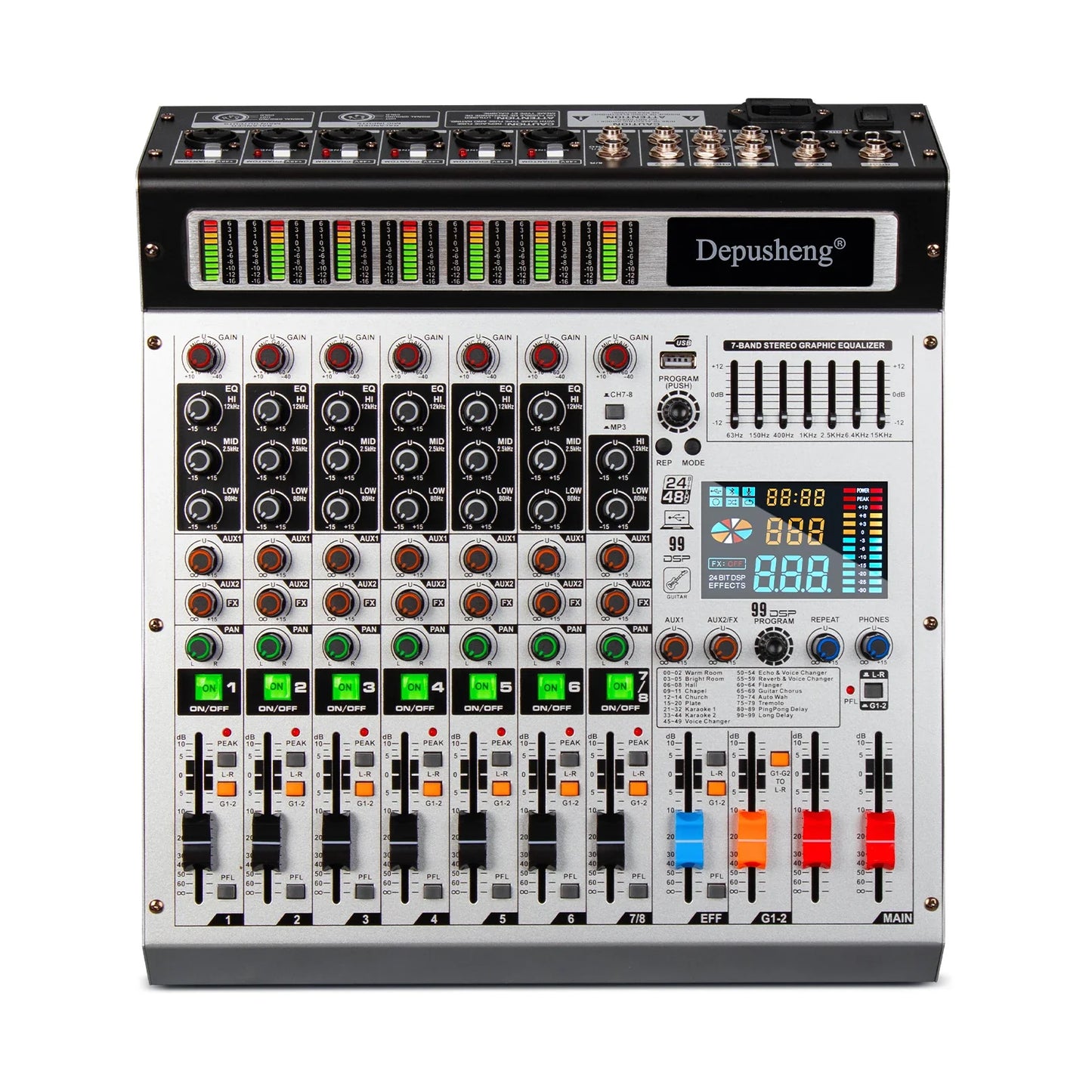 Black and silver depusheng ag8 professional 8 channel audio mixer with colorful led indicators and usb stick support