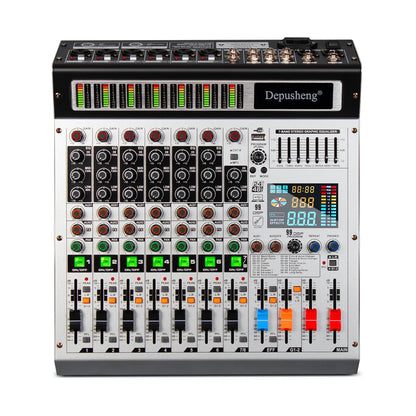 Black and silver depusheng ag8 professional 8 channel audio mixer with colorful led indicators and usb stick support