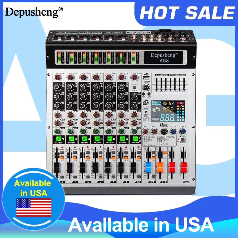 Black and silver depusheng ag8 professional 8 channel audio mixer with colorful knobs sliders and digital display for usb stick use