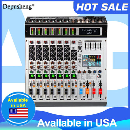 Black and silver depusheng ag8 professional 8 channel audio mixer with colorful knobs sliders and digital display for usb stick use