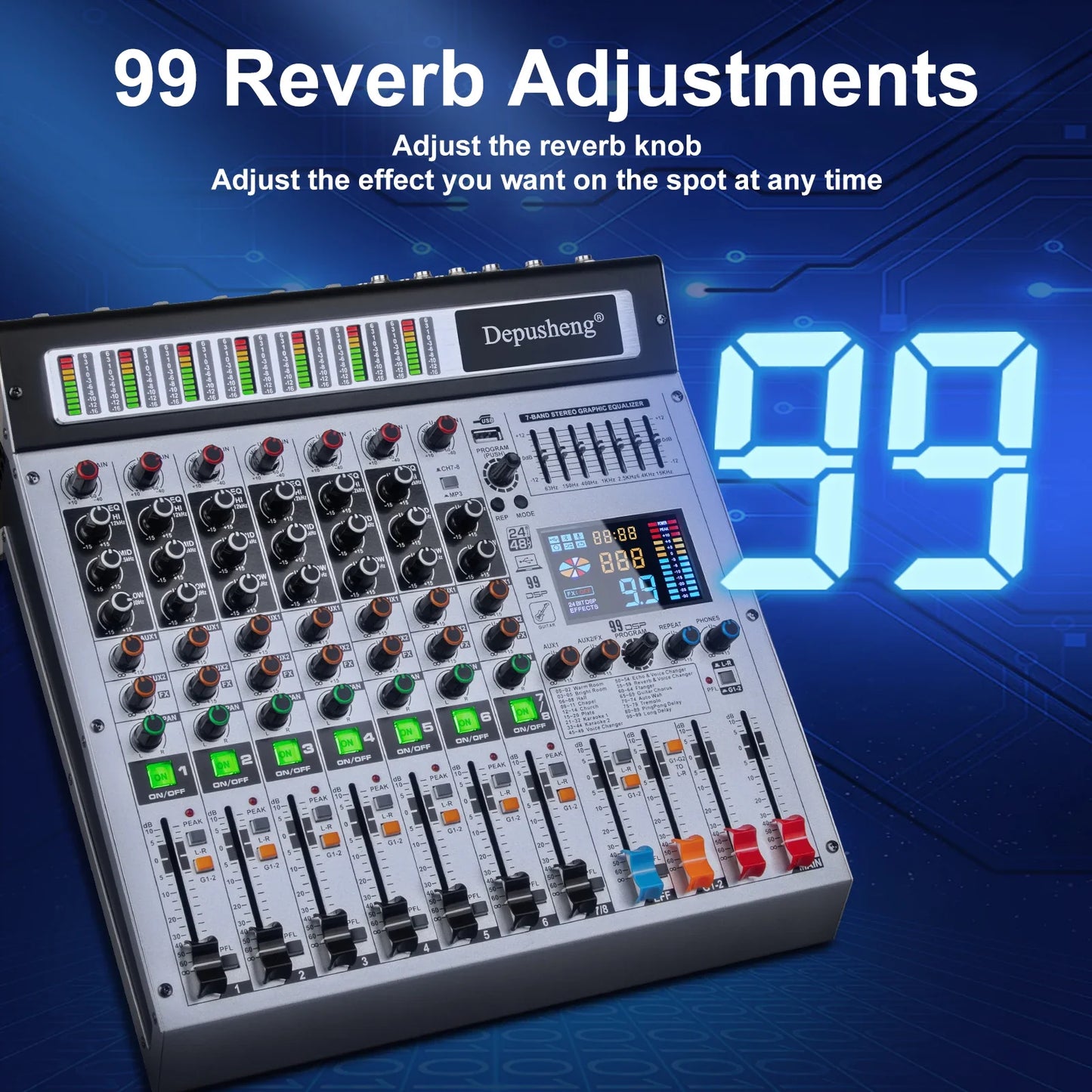 Silver and black depusheng ag8 professional 8 channel audio mixer with colorful knobs and digital display for usb stick use