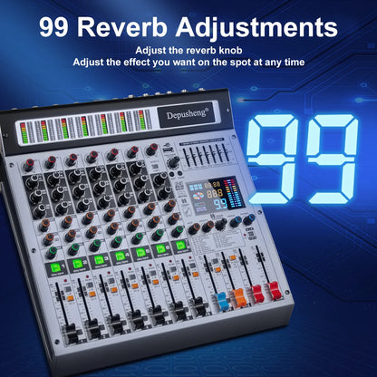 Silver and black depusheng ag8 professional 8 channel audio mixer with colorful knobs and digital display for usb stick use