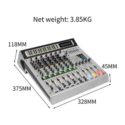 Silver metal 8 channel mixer with black and colored knobs depusheng ag8 professional audio mixer usb stick compatible