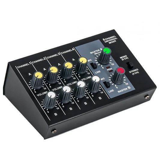 Black 8 channel compact audio mixer with yellow volume knobs and a b switches for musical instrument connection dj stage use
