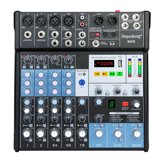 Black depusheng mx8 8 channel music mixing console with blue knobs input 48v phantom power dj audio mixer for stage use