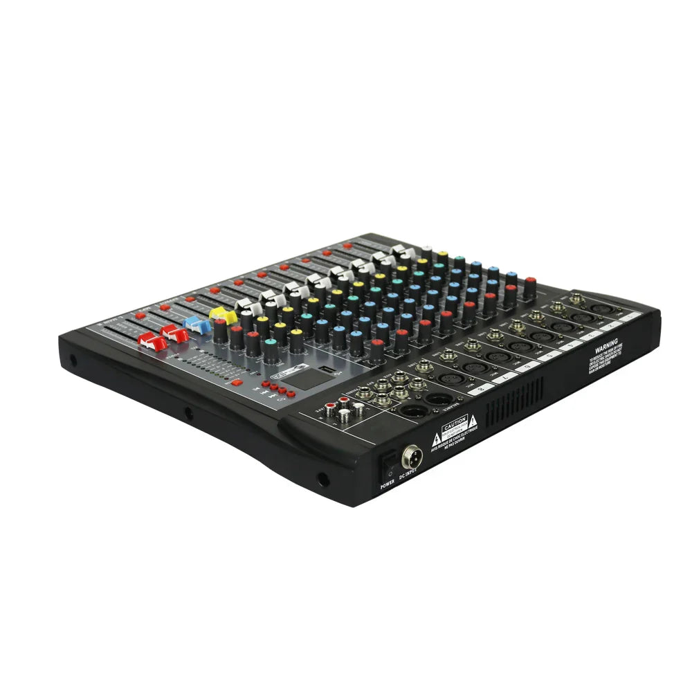 Black 8-channel professional usb audio mixer dj console with colorful knobs for music karaoke ktv and home use