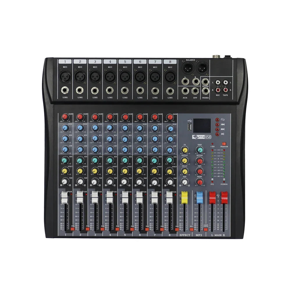 Black 8 channels mixer dj console with colorful knobs and sliders professional usb audio for music karaoke ktv use