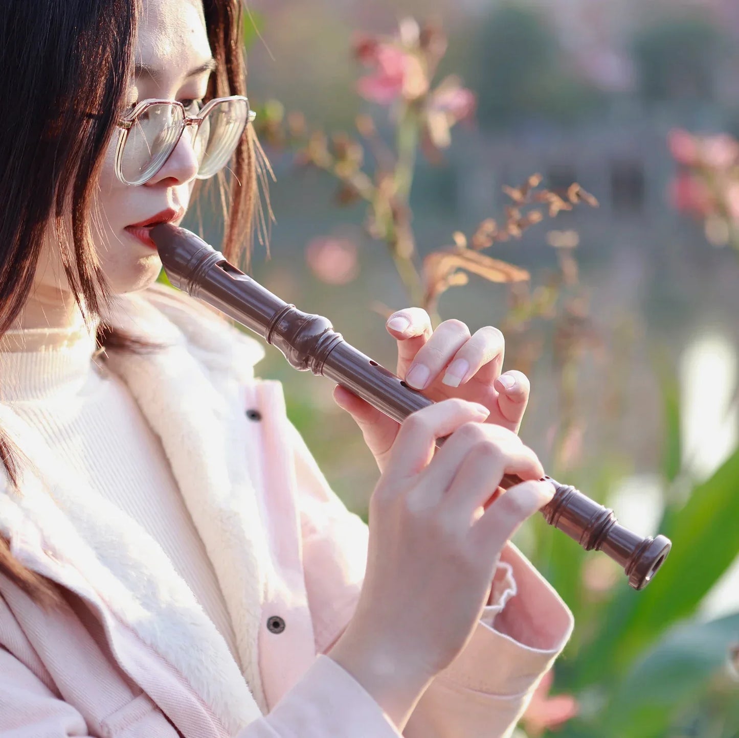 Dark brown wooden 8 hole clarinet long flute j32 vertical flute musical instrument with ornate detailing and finger holes