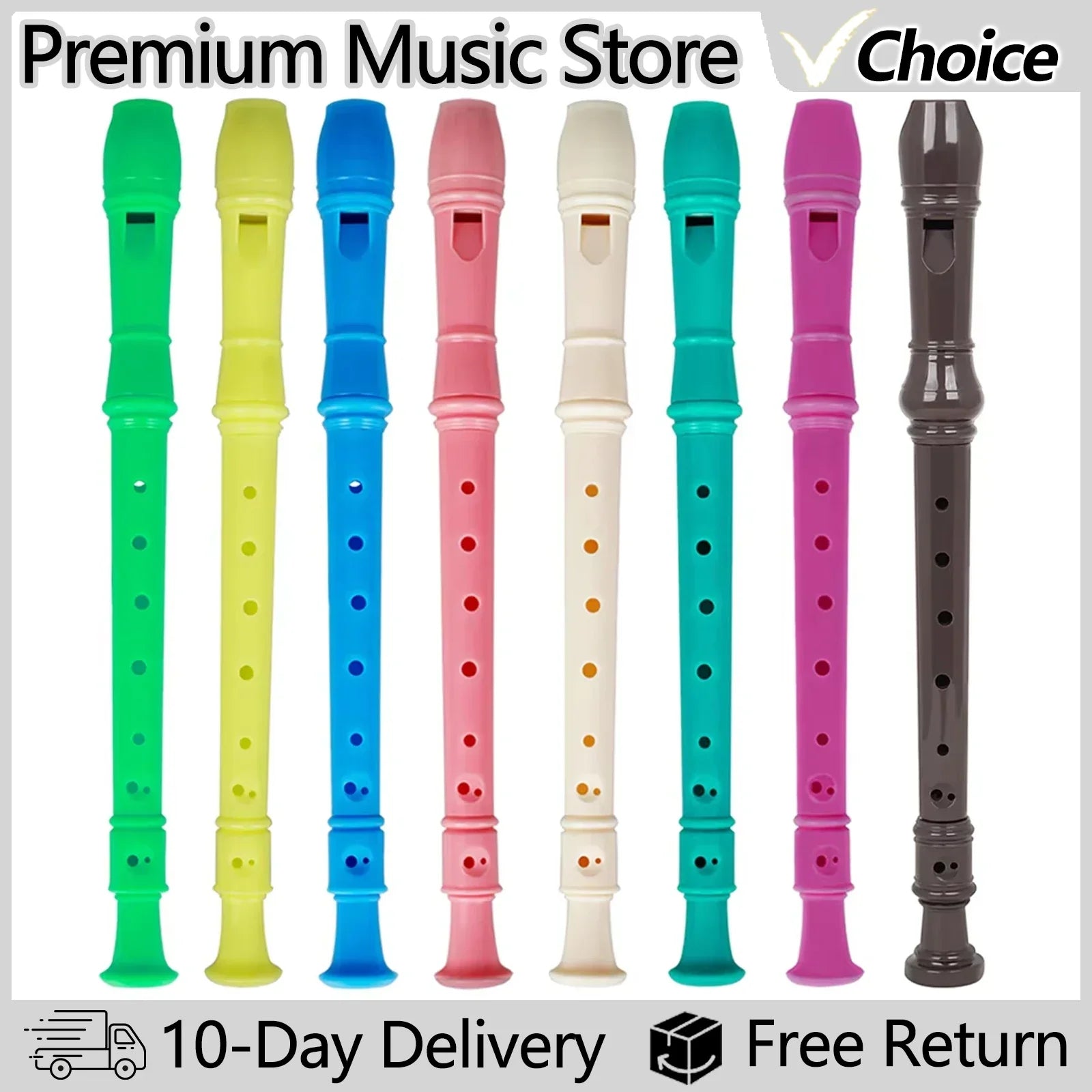 A set of colorful 8 hole clarinet long plastic recorders in vibrant hues for children beginner music education
