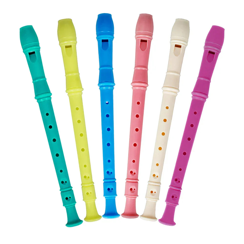 A set of six colorful abs hole clarinet long vertical flutes including a cleaning stick for beginner music education