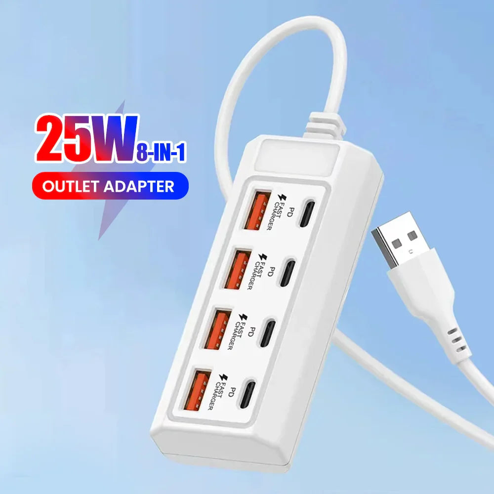 White 8 in 1 usb electrical socket 25w fast outlet adapter docking station with four usb-a and four usb-c ports labeled pd