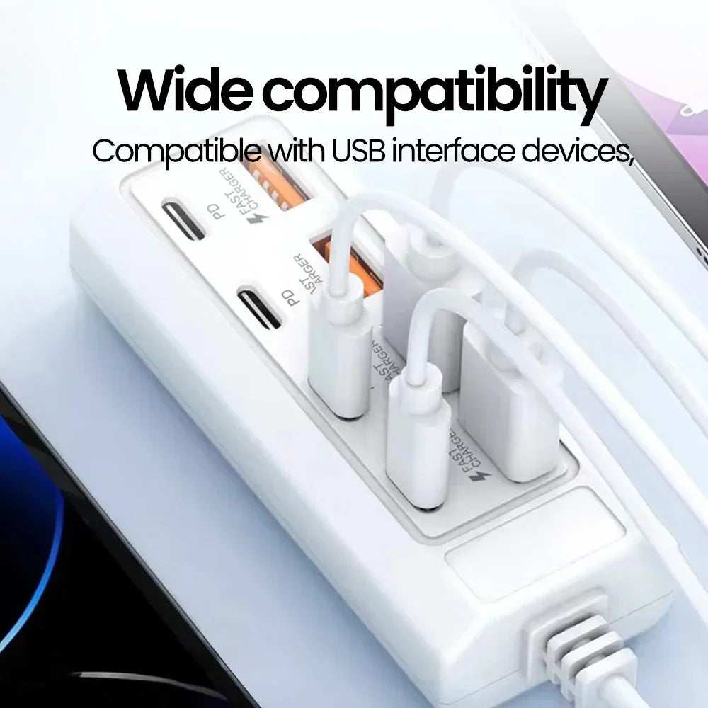 White 8 in 1 usb electrical socket 25w fast charging outlet adapter docking station with multiple ports and attached cables