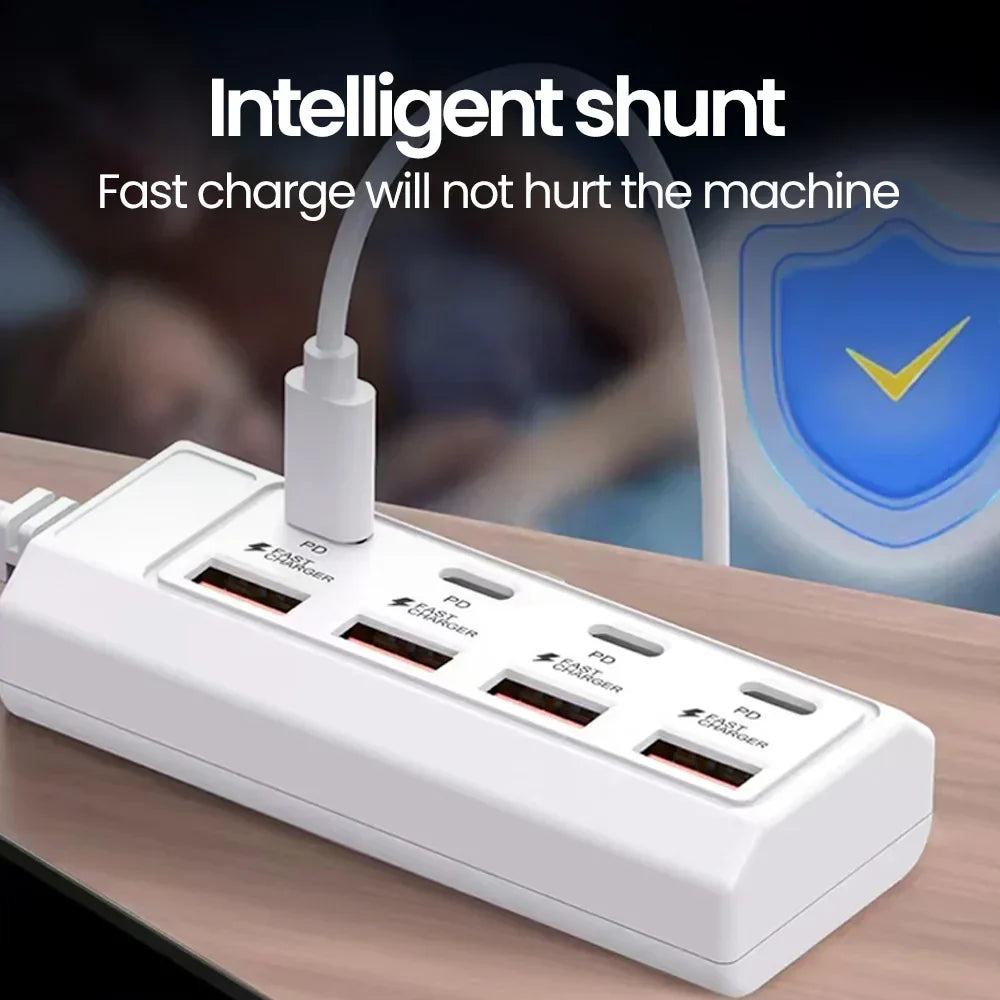 White plastic 8 in 1 usb electrical socket 25w fast charging outlet adapter docking station with four pd fast charger ports