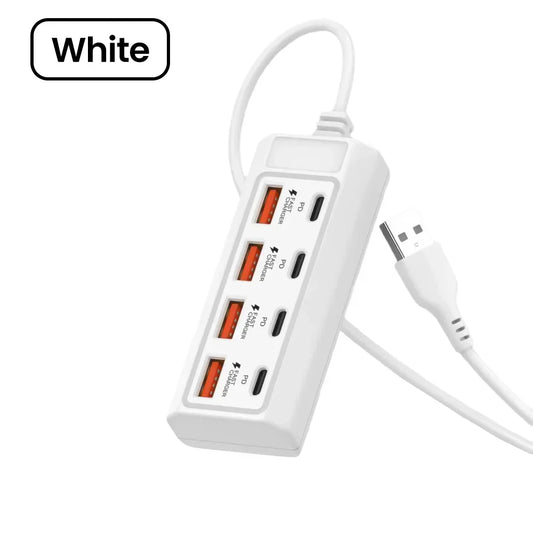 White 8 in 1 usb electrical socket 25w fast outlet adapter docking station with four orange and black usb splitter ports