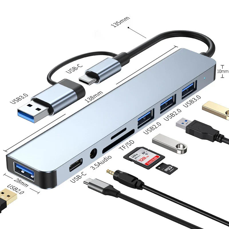 Silver aluminum 8 in 2 usb type c hub docking station with card reader laptop and audio jack adapter for tablet and phone