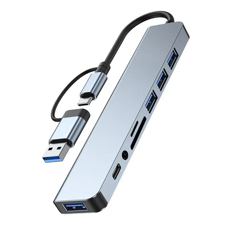 Silver aluminum 8 in 2 usb type c hub docking station with audio jack adapter and card reader laptop included cables
