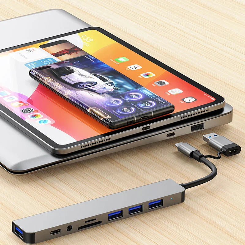 Silver 8 in 2 usb type c hub docking station with audio jack adapter and card reader laptop for multiple devices