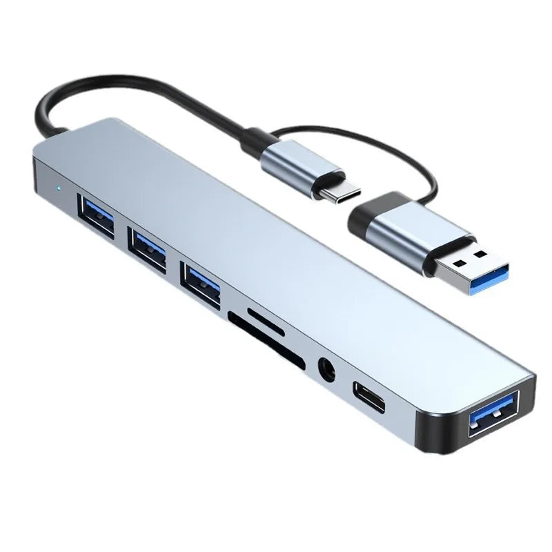 Silver aluminum 8 in 2 usb type c hub docking station with audio jack adapter and card reader laptop converter