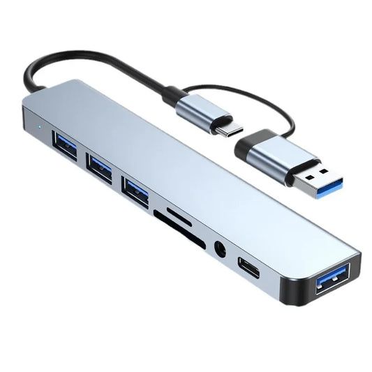 Silver aluminum 8 in 2 usb type c hub docking station with audio jack adapter and card reader laptop converter