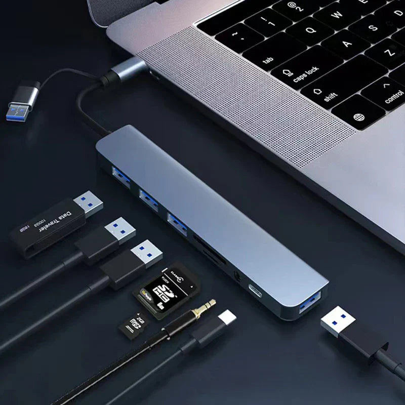 Silver aluminum 8 in 2 usb type c hub docking station with jack adapter micro and card reader laptop features multiple ports