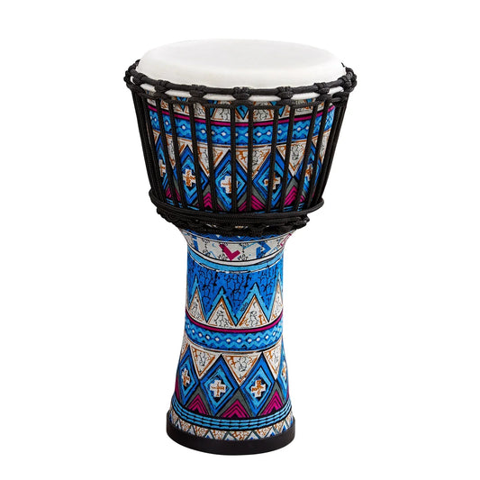 8 inch portable african drum djembe with vibrant blue and pink colorful art patterns and white head percussion musical instrument