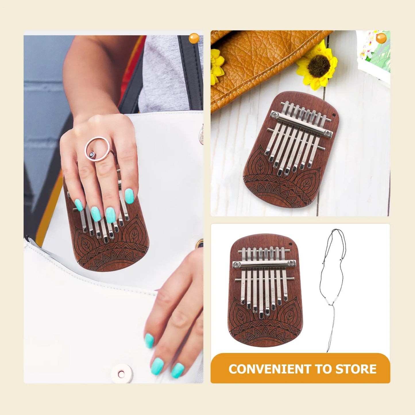 Brown wooden kalimba thumb piano with silver metal tines and leaf engraving for beginners kids adults portable use