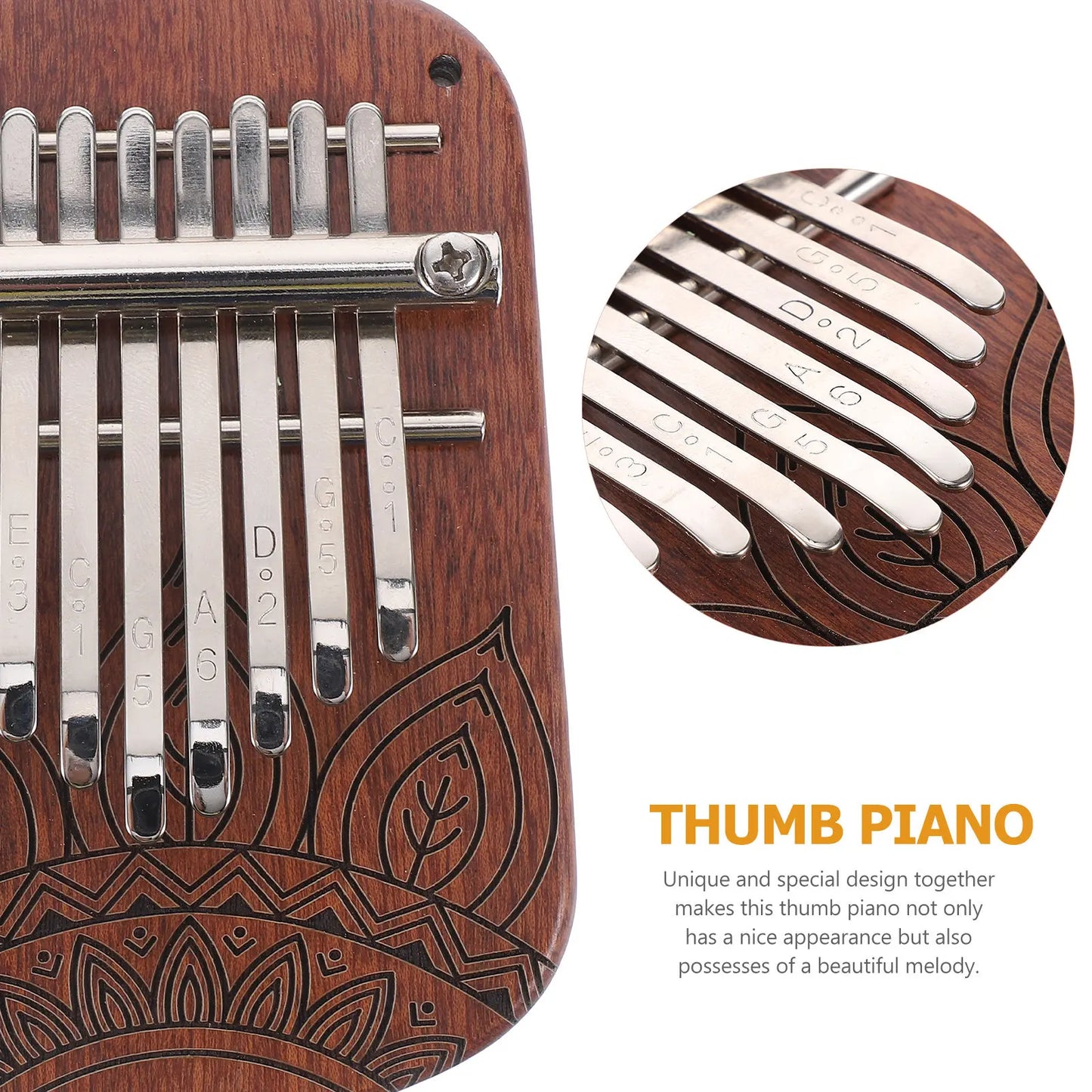 Wooden 8 keys mini kalimba thumb piano with carved leaf mandala and silver metal tines for beginners kids adults