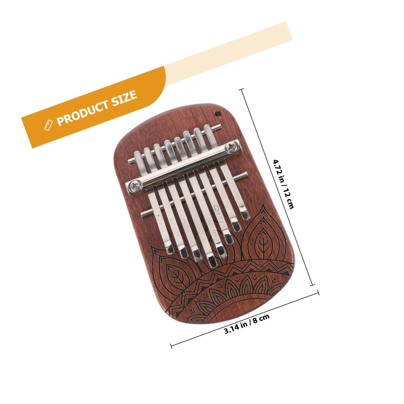 A wooden kalimba thumb piano with ten silver tines and leaf engraving for beginners kids adults portable use