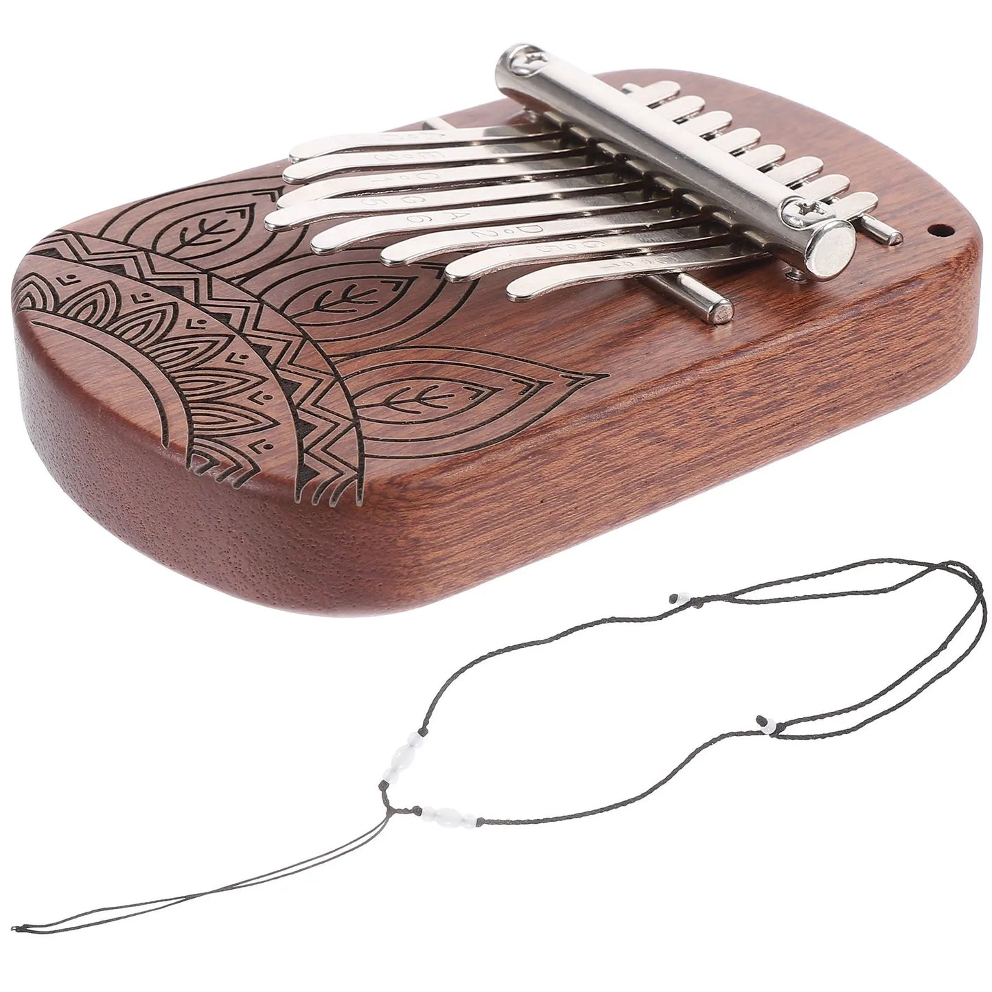 A wooden kalimba thumb piano with eight silver metal tines and leaf engravings for beginners kids adults portable use