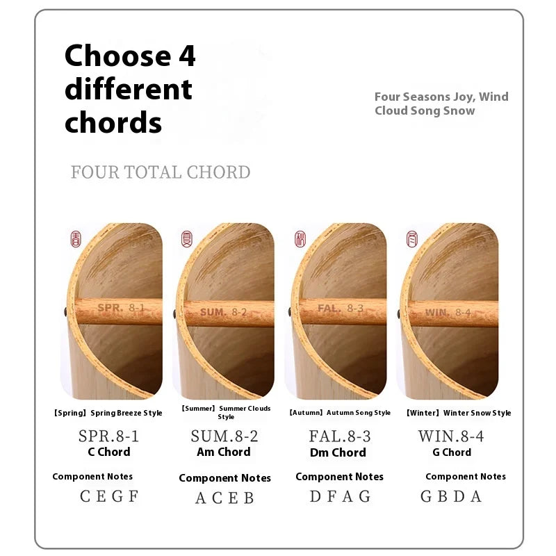 Four bamboo flute sections labeled with seasons and chords in a portable musical instrument for chime balcony bedroom