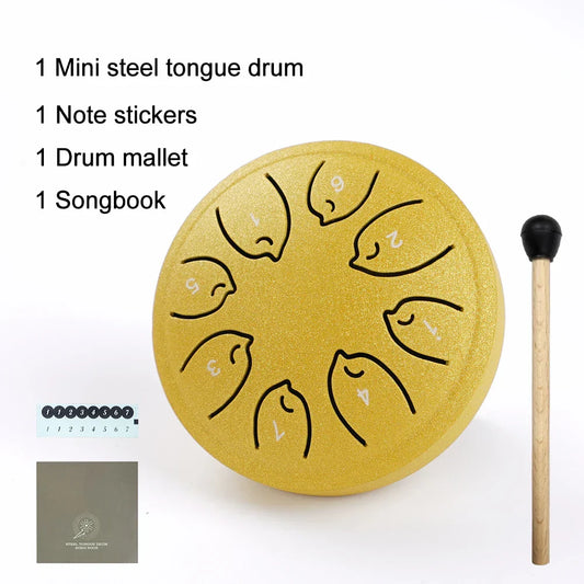 Yellow mini steel tongue drum with black engraved note markings and numbers 8 notes ethereal drum musical toy instrument
